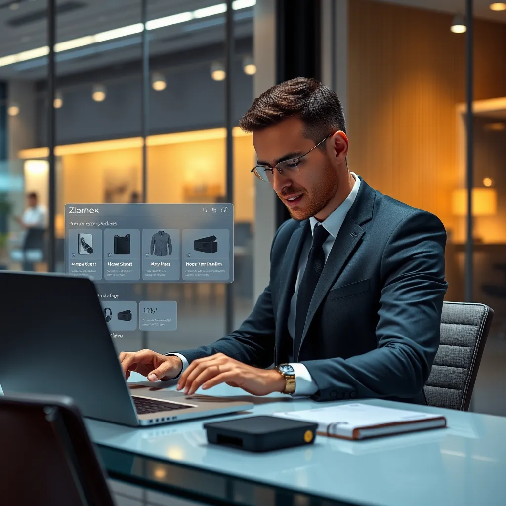 A busy professional, wearing a suit, sitting at a sleek desk with a laptop, using Zlarnex to compare products, with a virtual assistant interface displaying personalized recommendations and product information.