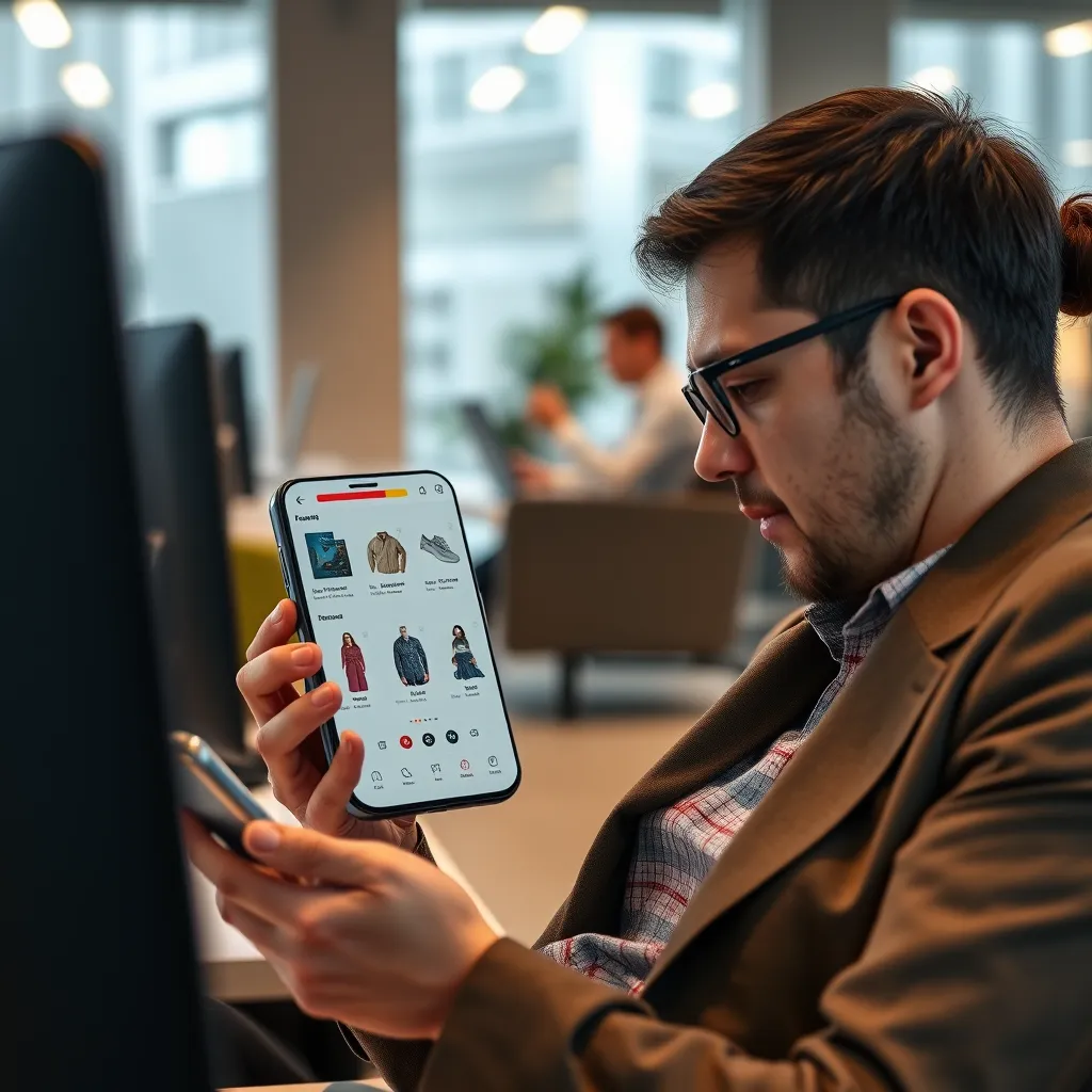 A busy professional using a sleek phone app to browse personalized product recommendations while multitasking in a modern office. The app interface displays a mix of product images, prices, and key features, with a progress bar indicating their shopping journey.