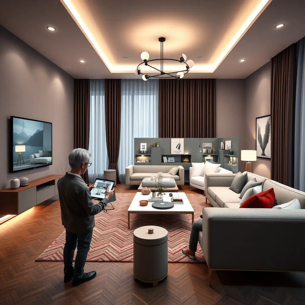 A couple in a newly furnished living room, using Zlarnex on a tablet to visualize different furniture arrangements, with a virtual 3D model of the room showcasing various furniture options and styles.