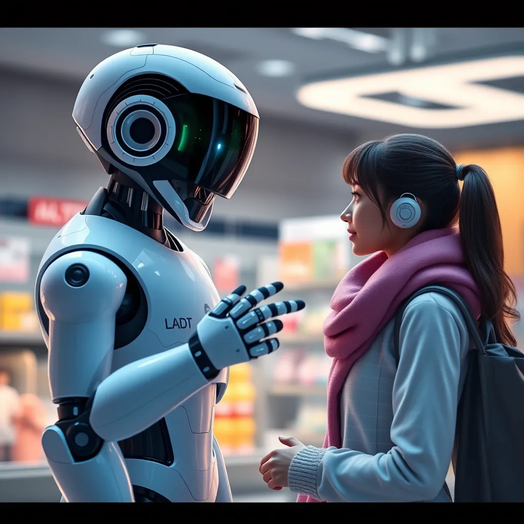 A futuristic, animated scene depicting a virtual shopping assistant in the form of a friendly robot. The robot interacts with a shopper, helping them compare prices and features of different products. The background shows a digital shopping cart filling up with items automatically, indicating the efficiency of the automated shopping process.