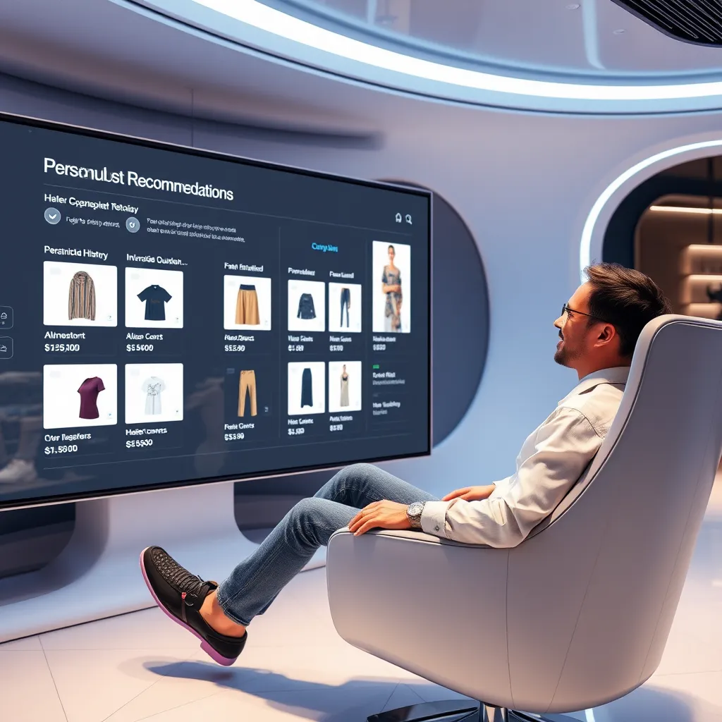 A futuristic, sleek interface showing personalized product recommendations, tailored to a user's shopping history, preferences, and interests. The interface is displayed on a large, interactive screen, with a user sitting comfortably in a sleek chair, smiling at the screen as they browse personalized product suggestions.