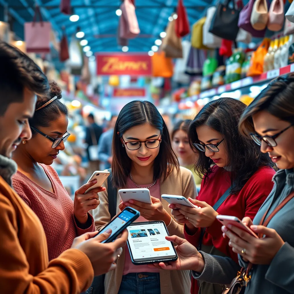 A group of diverse people of various ages and backgrounds are using Zlarnex on their devices. Each person is shown interacting with a personalized interface, with products tailored to their individual preferences, budgets, and values. The background depicts a bustling marketplace filled with diverse products, representing the vast range of choices available to consumers.