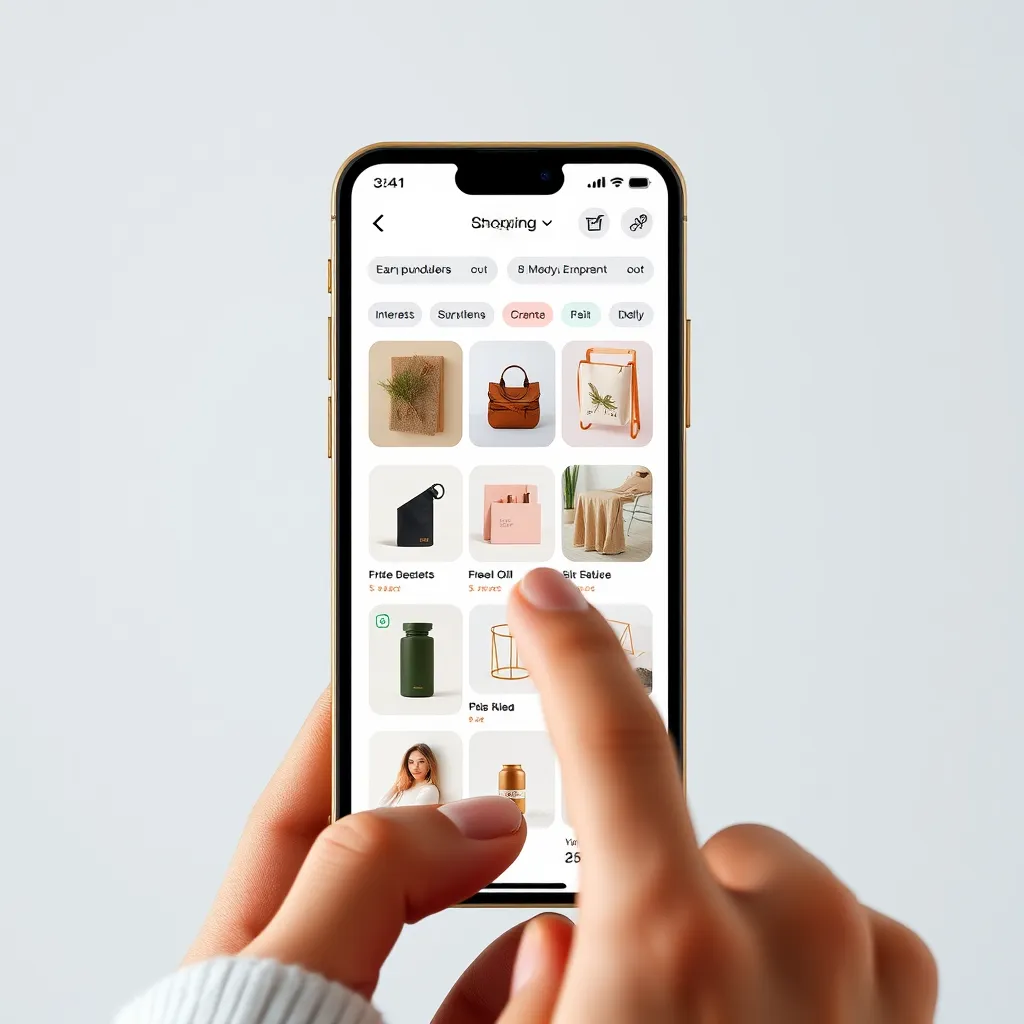 A modern, minimalist phone screen displaying a shopping app. The app shows a curated feed of personalized product recommendations based on the user's past purchases, interests, and saved items. The user interacts with the feed by tapping on products and adding them to their cart, highlighting the AI-powered personalization.