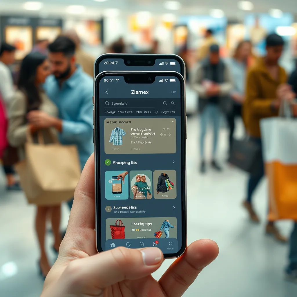 A modern, sleek smartphone displaying a shopping app interface with personalized product recommendations and curated shopping lists. The background features a blurred image of a diverse group of people shopping online in various settings, highlighting the diverse target audience of Zlarnex.