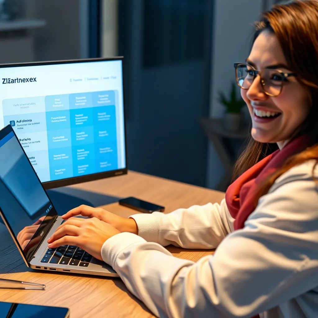 A person sitting at a desk, using a laptop to interact with Zlarnex. The screen displays a product comparison table with clear, concise information about different features and benefits. The person is smiling and appears confident as they navigate the information with ease.