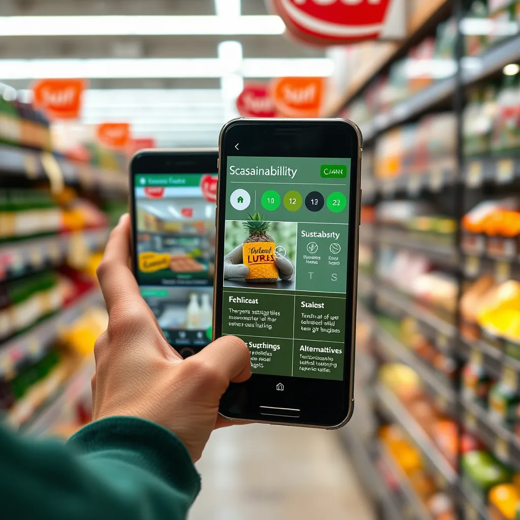 A person standing in a supermarket, using Zlarnex on their phone to scan a product, with a detailed breakdown of its sustainability aspects, ethical sourcing, and eco-friendly alternatives displayed on the screen.