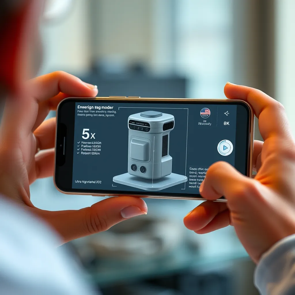 A person using their phone to interact with a 3D virtual model of a product, rotating and examining it from different angles. The phone screen displays a clear, high-resolution image of the product with detailed information about its features and specifications. The user can adjust the model's position and zoom in for a closer look, simulating the experience of holding and inspecting the actual product.