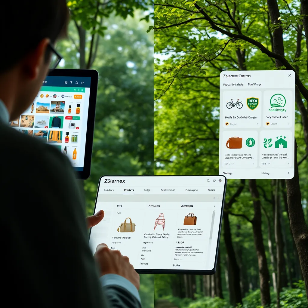 A split-screen image. On one side, a person browsing a website with a cluttered display of products. On the other side, a person using Zlarnex with a clean, minimalist interface featuring products with clear sustainability labels, eco-friendly badges, and detailed information about ethical sourcing and production. The background depicts a lush forest, symbolizing the positive impact of sustainable choices.