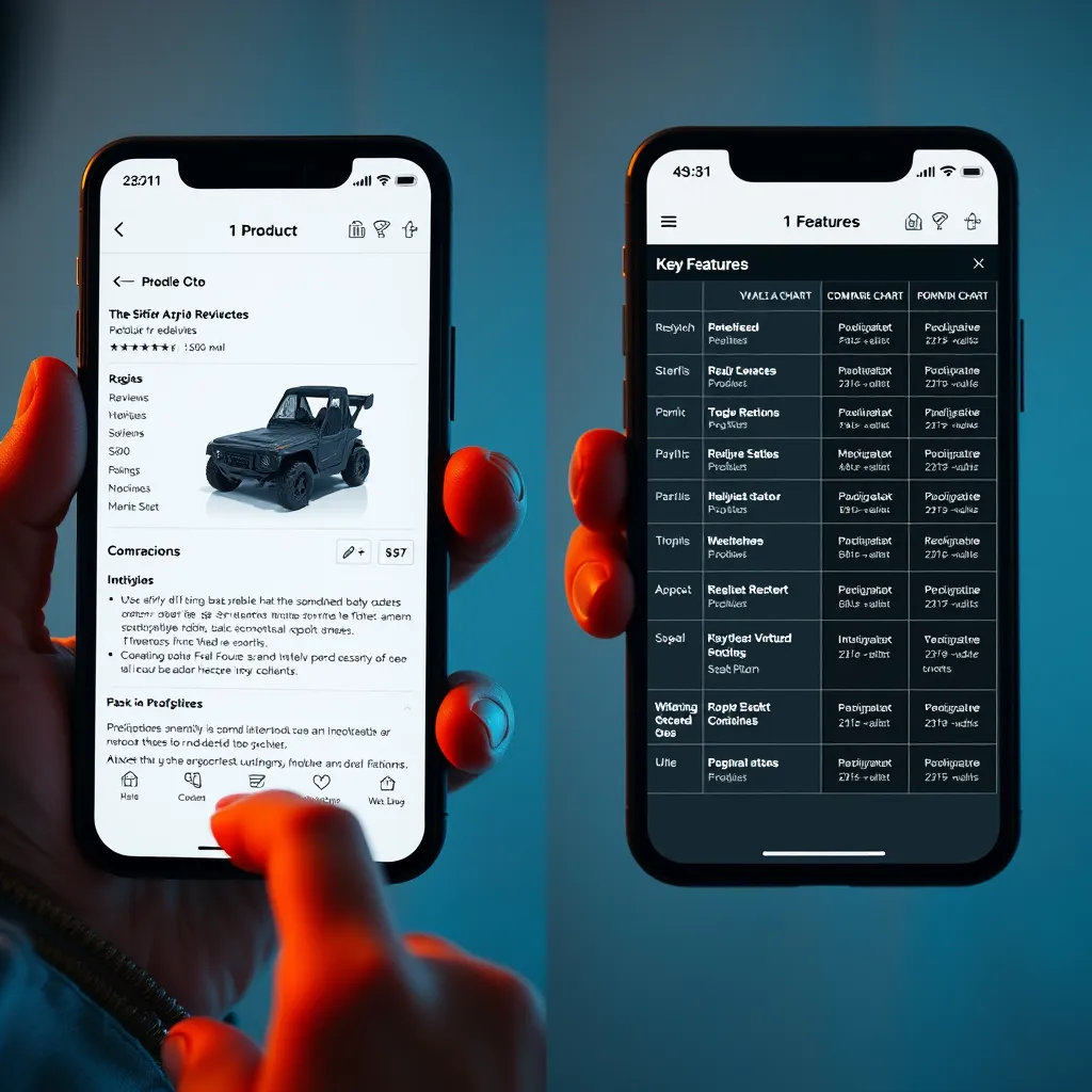 A split-screen image showing a user comparing two different products side-by-side on a phone app. On the left, a product details page with detailed descriptions, reviews, and price comparison. On the right, an intuitive chart comparing key features and benefits of both products.