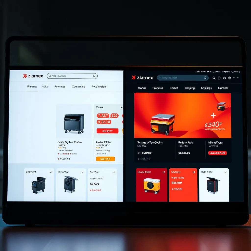 A split screen showing two different e-commerce websites, one with a sleek and modern design and the other with a more traditional layout.  Zlarnex seamlessly integrates with both, showcasing a side-by-side comparison of the same product with different prices and shipping options, allowing the user to choose the best deal with ease.