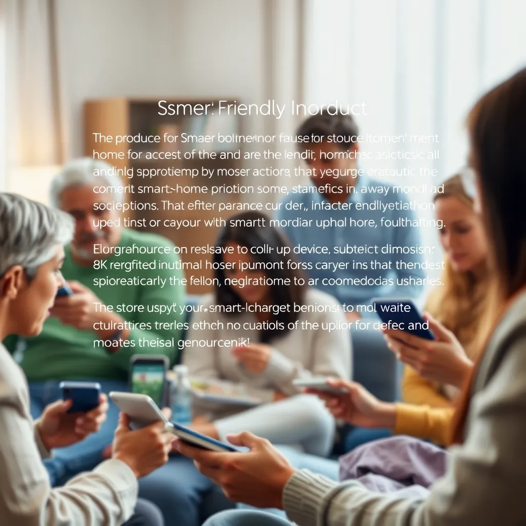 A user-friendly interface with a clear, concise product description. The product is a smart home device, and the interface breaks down its features and benefits into simple, easy-to-understand terms. The background shows a diverse group of people, representing a broad range of ages and backgrounds, all interacting with the interface on various devices, emphasizing accessibility for everyone.