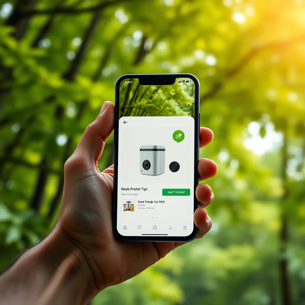 A user holding a smartphone with an app open displaying a product page. The product features prominently, alongside a green leaf icon indicating its eco-friendly status. The background shows a lush, green forest representing environmental consciousness.