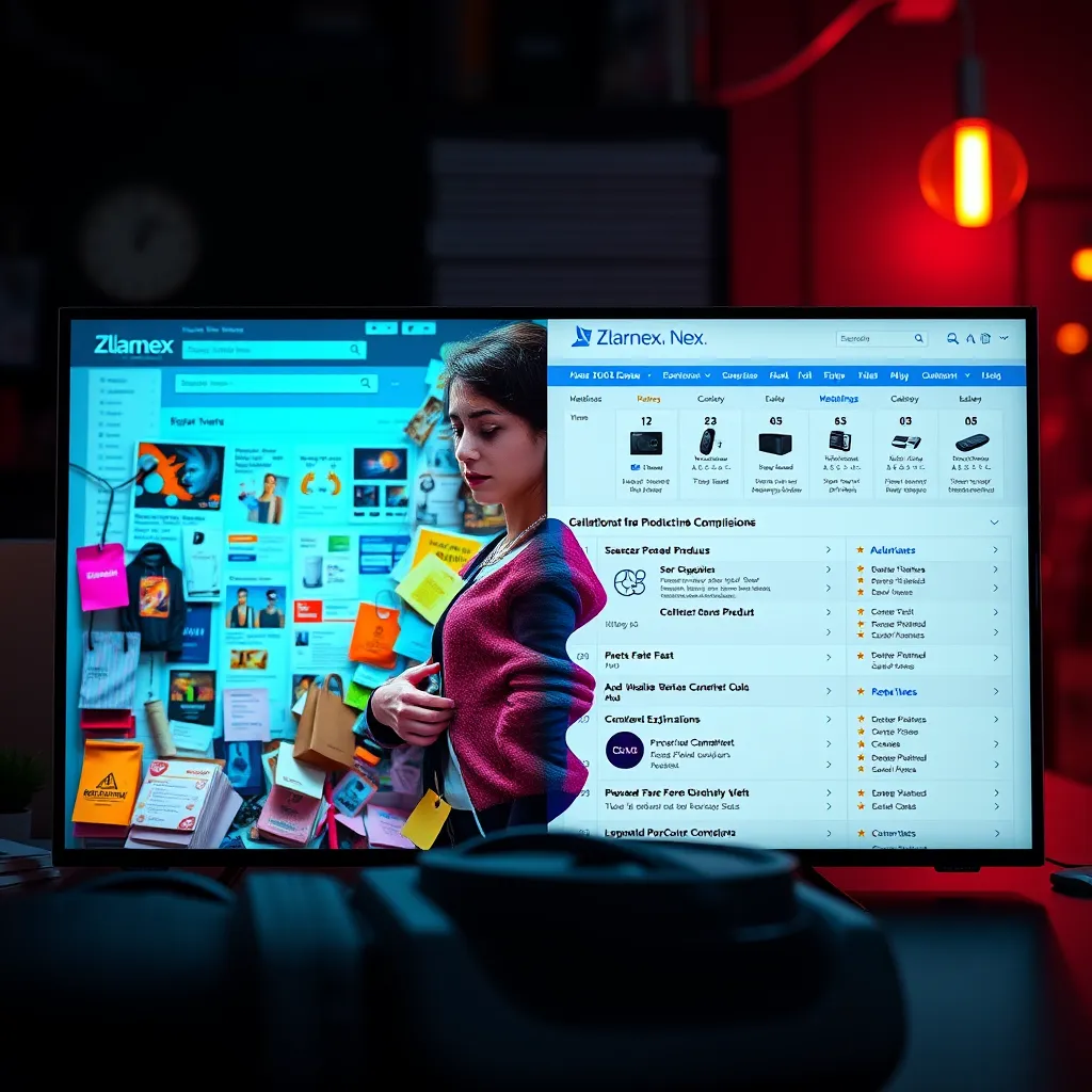 A vibrant, colorful infographic depicting a split-screen showing a user overwhelmed by a cluttered product page on the left, and on the right, a clean and organized Zlarnex interface with concise product comparisons, detailed explanations, and ratings, presented in a clear and user-friendly format.