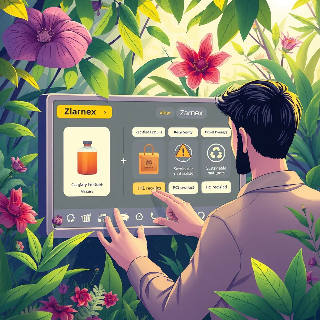 A vibrant, nature-inspired illustration showcasing a user interacting with Zlarnex. The screen displays a product with clear labels highlighting its sustainable features, alongside a comparison with similar products. The illustration features lush greenery, recycled materials, and eco-conscious symbols, conveying the concept of sustainable shopping.