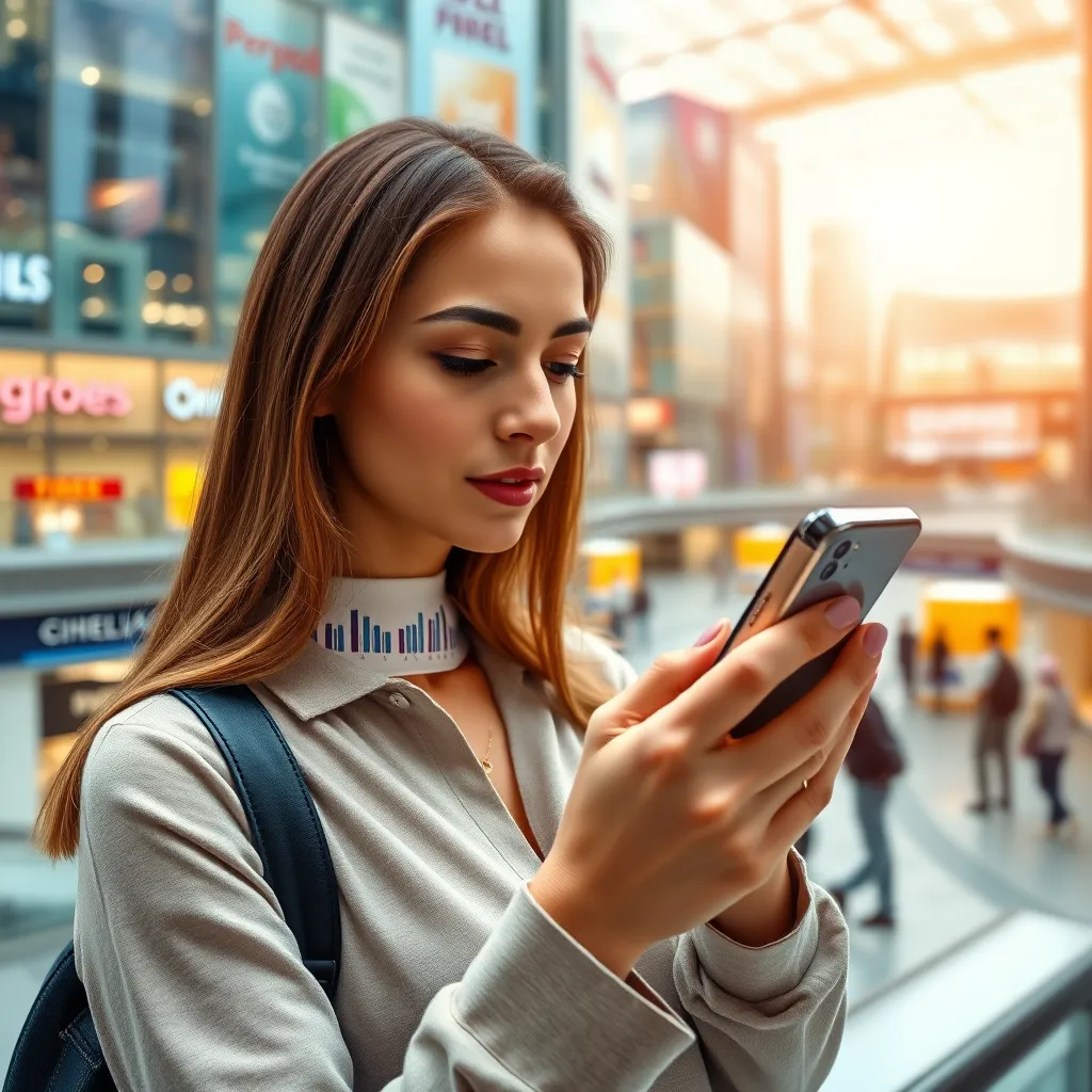 A woman using a smartphone with a modern, sleek interface. The screen shows personalized product recommendations, comparison charts, and easy navigation features. The background depicts a vibrant cityscape with shopping malls and stores. The overall image conveys a sense of convenience and efficiency.